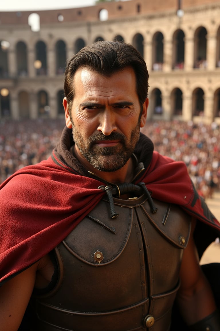 bruc3campb3ll as awarrior Bruc3campb3ll, clad in worn leather armor and adorned with a crimson cape, victorious amidst the roaring crowd of ancient Rome's Coliseum. Face focus,