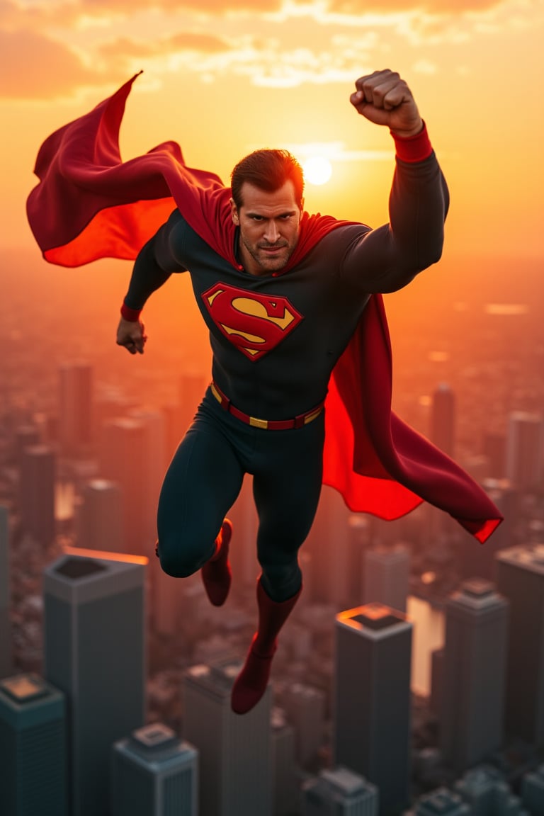 bruc3campb3ll, a young man, as a superhero with a flowing cape and a muscular suit, flying over a modern city skyline at sunset, with his fist raised triumphantly. upper body pose, face focus