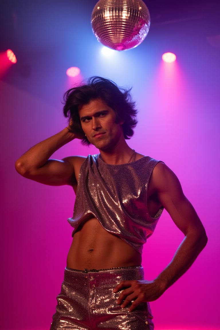 bruc3campb3ll, a young man, dressed as a disco dancer from the 1970s, wearing a shiny sequined outfit, striking a pose on a brightly lit dance floor under a spinning disco ball.. upper body pose, face focus