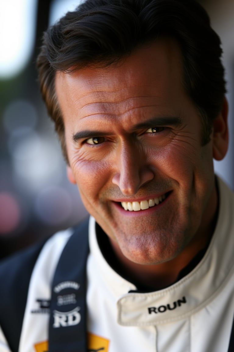 Close-up shot of Bruce Campbell, he is a race car driver