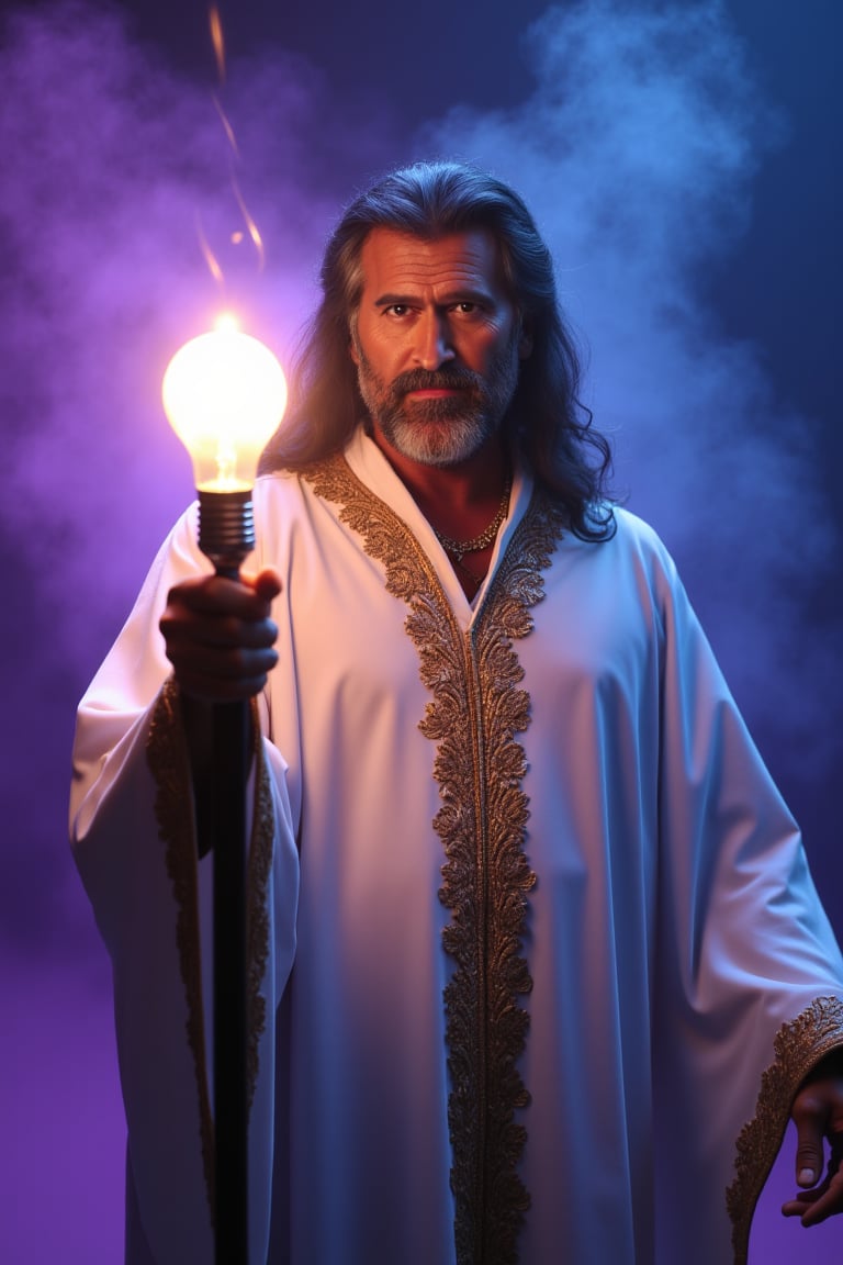 A majestic bruc3campb3ll, dressed in a flowing white robe with intricate golden trim, grasps a staff topped with a domestic lightbulb dimly illuminated. Framed against a backdrop of swirling purple and blue mist, his eyes gleam with ancient wisdom as he casts a spell. Upperbody portrait pose. Soft, warm lighting illuminates his regal features, while the surrounding atmosphere crackles with magical intensity.