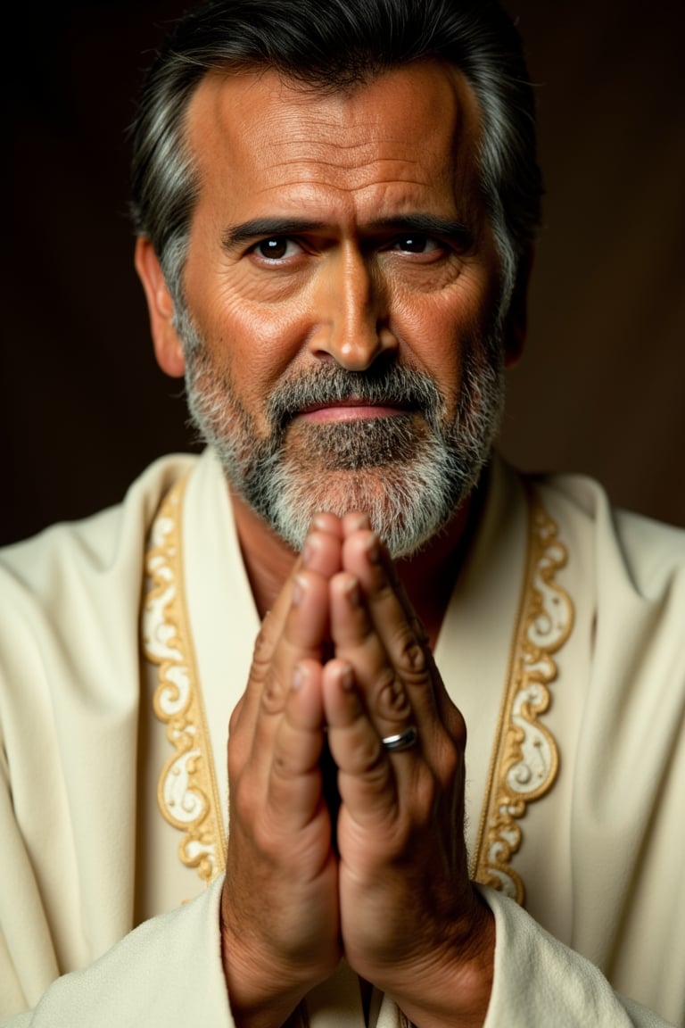 Close-up shot of Bruce Campbell, eyes squinting with wisdom, beard flecked with gray, dressed in a flowing white robe adorned with intricate golden thread. Soft, warm lighting casts a gentle glow on his weathered face, highlighting the lines and creases etched by years of experience. His pose is contemplative, hands clasped together in a prayer-like gesture as if seeking guidance from the heavens.