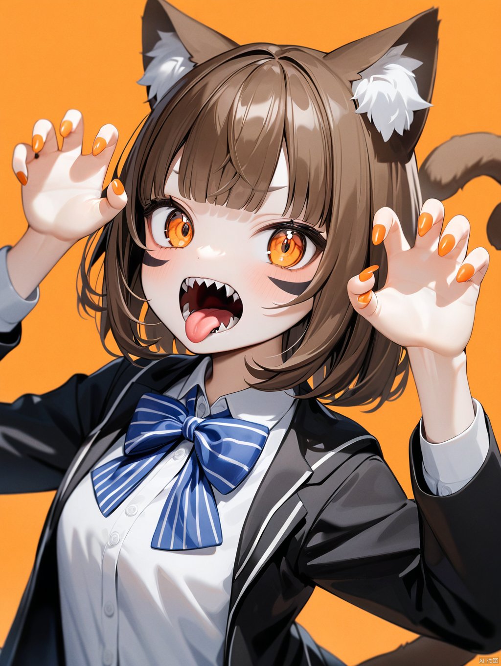 masterpiece,best quality,1girl,solo,animal ears,bow,teeth,jacket,tail,open mouth,brown hair,orange background,bowtie,orange nails,simple background,cat ears,orange eyes,blue bow,animal ear fluff,cat tail,looking at viewer,upper body,shirt,school uniform,hood,striped bow,striped,white shirt,black jacket,blue bowtie,fingernails,long sleeves,cat girl,bangs,fangs,collared shirt,striped bowtie,short hair,tongue,hoodie,sharp teeth,facial mark,claw pose,
