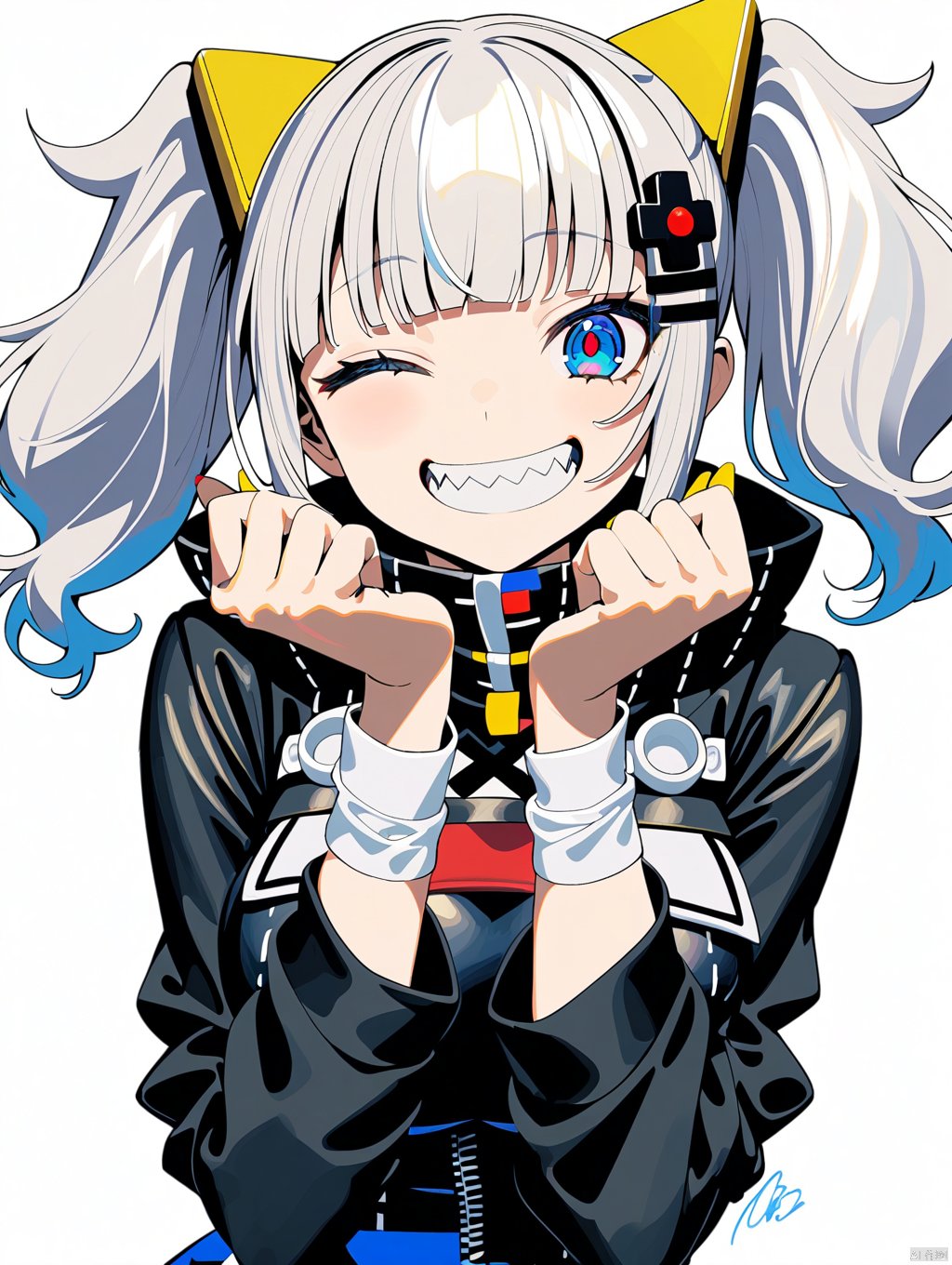  1girl, kaguya luna, virtual youtuber, solo, best quality, white background, simple background, upper body, looking at viewer, grin, sharp teeth, blue eyes, one eye closed, d-pad hair ornament, white hair, multicolored hair, twintails, hairclip, blunt bangs, black jacket, long sleeves, fingernails, multicolored nails, nail polish, blue nails, orange nails, yellow nails, signature, hands up