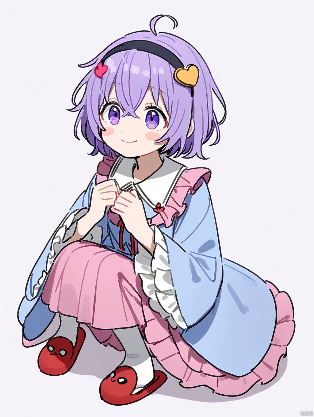 1girl, slippers, komeiji satori, solo, third eye, shirt, white background, short hair, one-hour drawing challenge, simple background, blue shirt, purple eyes, skirt, pink skirt, heart, purple hair, long sleeves, hairband, socks, squatting, heart hair ornament, frills, blouse, eyeball, closed mouth, full body, red footwear, frilled shirt collar, blush stickers, wide sleeves, black hairband, smile, frilled sleeves