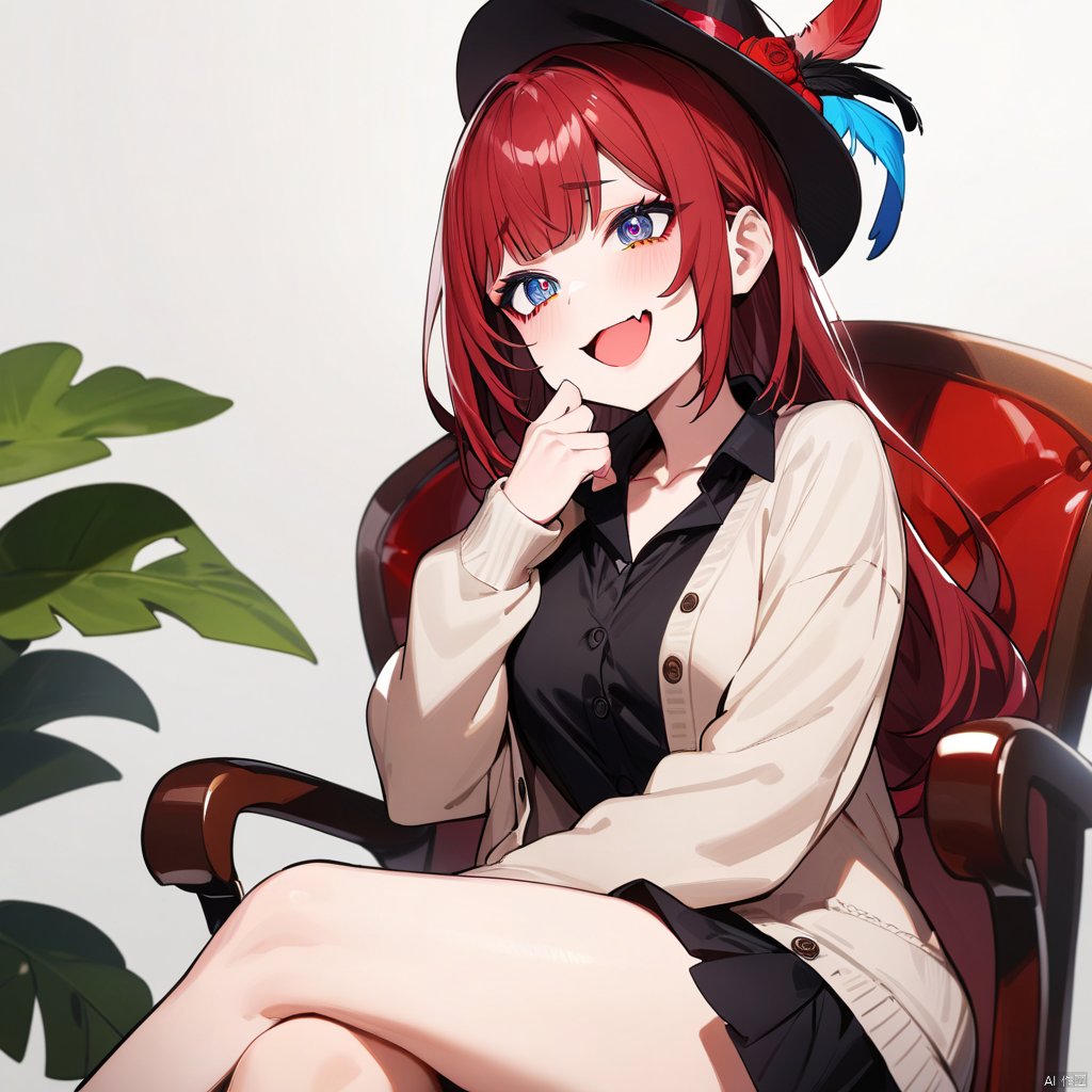  mika pikazo
,1girl, masterpiece, best quality, solo, sitting on chair, crossed legs, pov, full body, hand up, detailed eyes, absurdres, extremely detailed, cardigan, rating: safe, perfect features, makeup, eyeliner, intricate details, ultra resolution image, laughing, fang, smug ,, red hair, hat feather