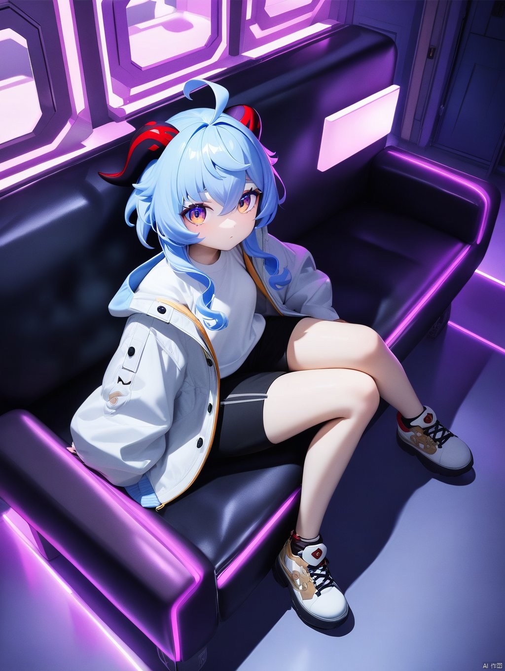 masterpiece, ultra detailed, expressive eye, cute, 1girl, looking at viewer, Ganyu \(Genshin impact\), \(cyberpunk\), casual clothes, fashion, white shirt, open jacket , edgerunners custome, couch, sitting, indoors, neon lights, from above, solo, very aesthetic, best quality, (best shadow:1.2), cyberpunk, glowing shoes, knee up
