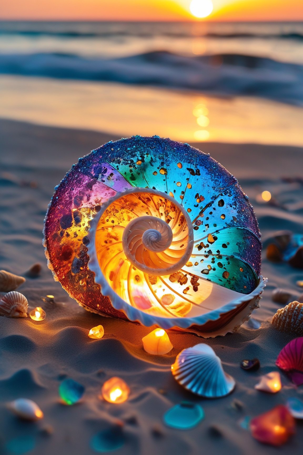 conf3tti, rainbow ornate seashell, nautilus, sunset, beach, made out of confetti 