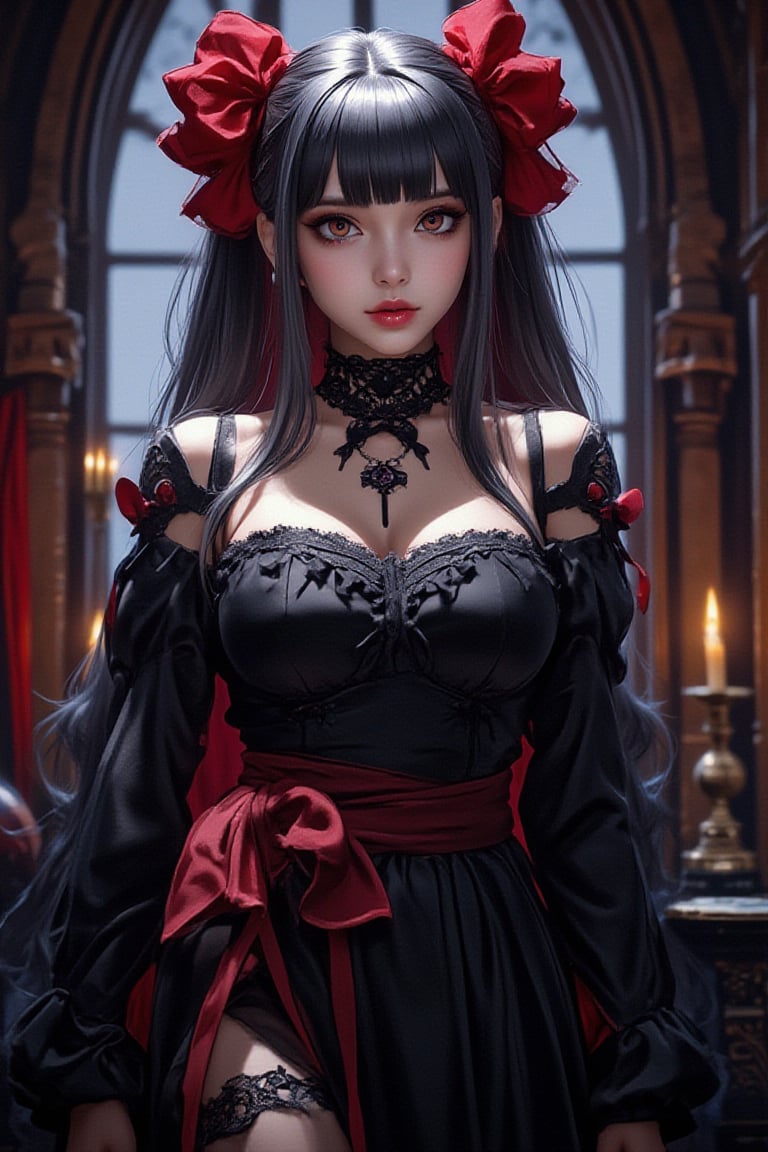 Create an anime-style illustration of a powerful female character inspired by Shalltear Bloodfallen. She has long, dark silver hair (Big red bow on the head), red eyes, dressed in an intricately designed dark medieval outfit adorned with lace and armor. Her expression is confident and somewhat playful, conveying her vampiric charm. The background should be a gothic castle interior, with dim lighting and ornate decor, adding to the dark fantasy atmosphere. Include elements like a glowing orb or magical sigils to emphasize her magical prowess, shalltier


