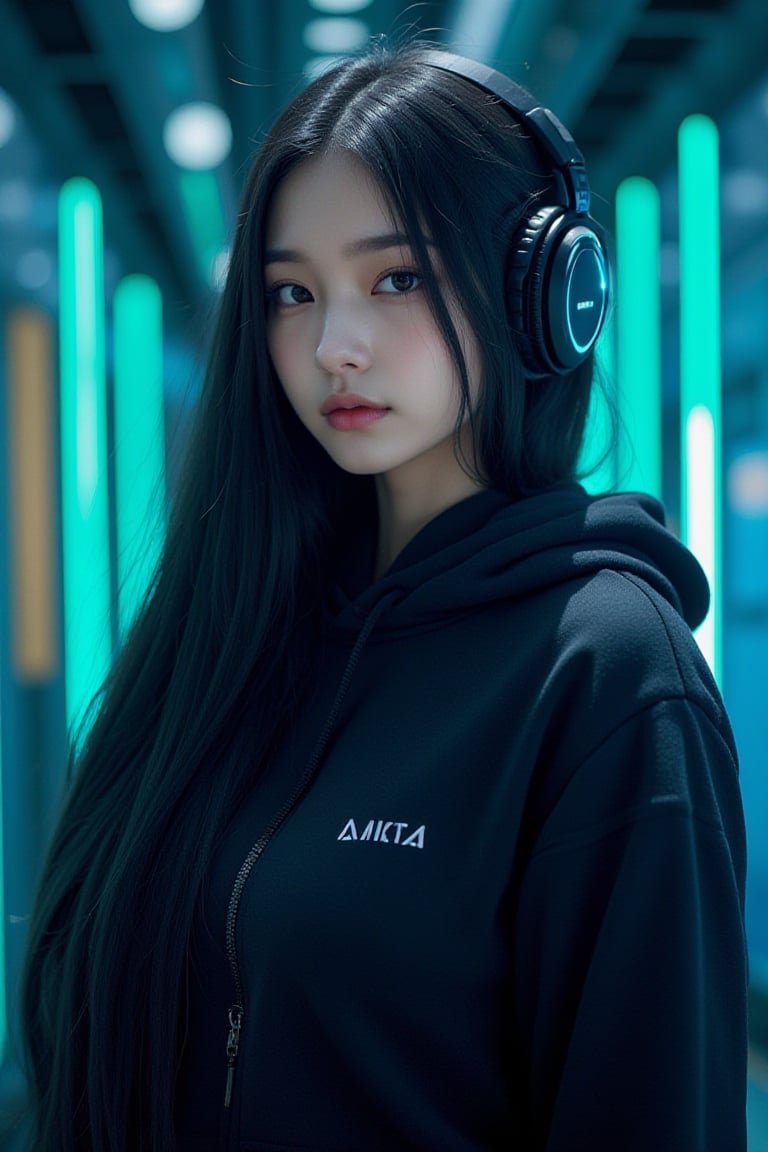 masterpiece, best quality, photorealistic, 1girl, solo, long straight hair, jet-black hair with neon highlights, looking at viewer, upper body, Cybernetic Lab Background, minimal background, neon blue and green lighting, soft shadows, focused expression, detailed skin, smooth features, cyber setup, classic portrait style, high clarity, simple background, cinematic lighting, wearing a sleek black hoodie with holographic elements and high-tech headphones, futuristic and edgy