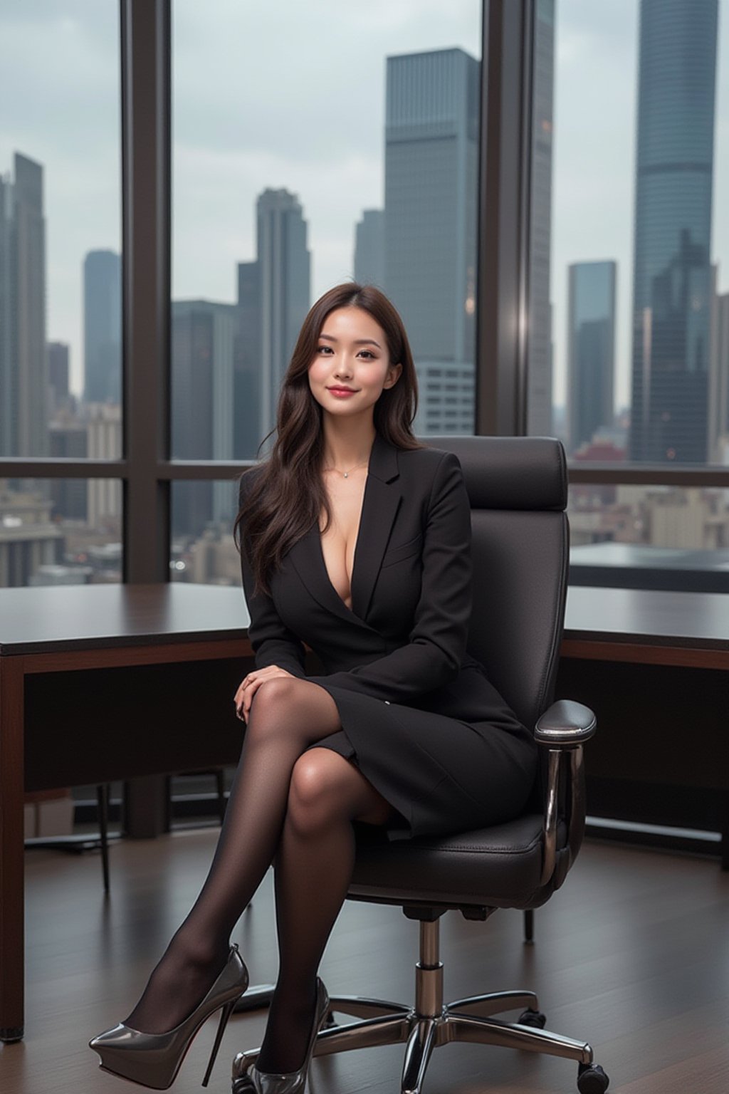 A beautiful office lady (OL) sitting at her desk in a modern, luxurious office. She wears a sexy, tight-fitting business suit with black stockings and high heels, exuding both elegance and power. Her legs are crossed, and she has a confident smile on her face. The office environment is sleek and modern, with large windows offering a view of the city skyline.