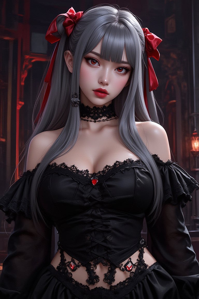 Create an anime-style illustration of a powerful female character inspired by Shalltear Bloodfallen. She has long, dark silver hair (Big red bow on the head), red eyes, dressed in an intricately designed dark medieval outfit adorned with lace and armor. Her expression is confident and somewhat playful, conveying her vampiric charm. The background should be a gothic castle interior, with dim lighting and ornate decor, adding to the dark fantasy atmosphere. Include elements like a glowing orb or magical sigils to emphasize her magical prowess, shalltier


