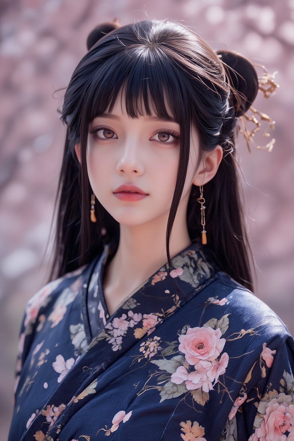 A serene Japanese maiden stands alone against a blurry backdrop of blooming cherry blossom trees. She gazes directly at the viewer with a gentle smile, her parted bangs framing her heart-shaped face. Her black hair cascades down her back, adorned with intricate hair ornaments and hair rings. Red eyes sparkle beneath luscious eyelashes, and her lips curve upward in a subtle grin. A floral print kimono drapes across her upper body, its vibrant colors muted by the soft focus of the background. Delicate earrings and a tassel dangle from her ears as she wears a bow-adorned hairstyle. The camera's shallow depth of field blurs everything except for our subject, emphasizing her captivating presence.,Spider spirit Fourth sister