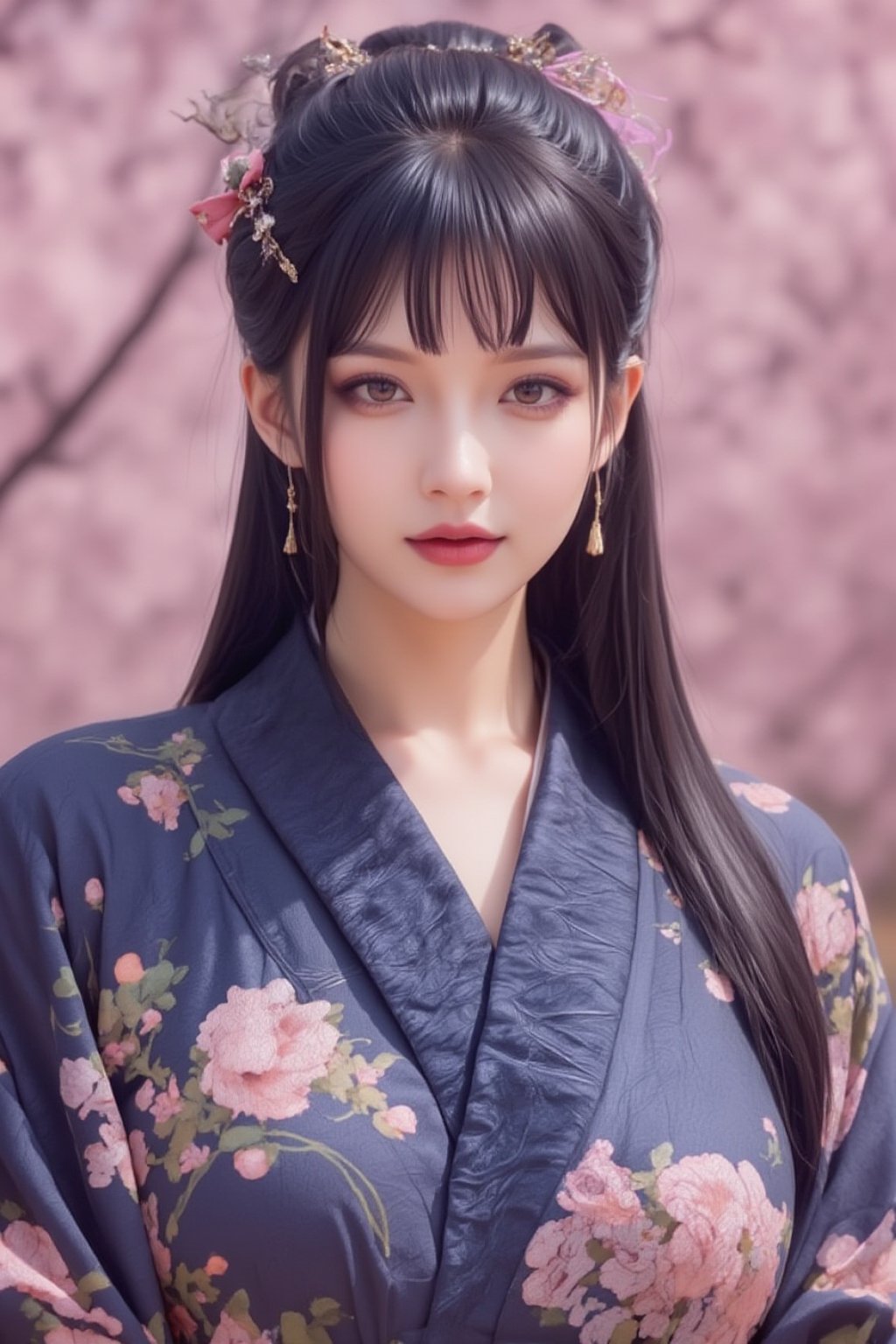 A serene Japanese maiden stands alone against a blurry backdrop of blooming cherry blossom trees. She gazes directly at the viewer with a gentle smile, her parted bangs framing her heart-shaped face. Her black hair cascades down her back, adorned with intricate hair ornaments and hair rings. Red eyes sparkle beneath luscious eyelashes, and her lips curve upward in a subtle grin. A floral print kimono drapes across her upper body, its vibrant colors muted by the soft focus of the background. Delicate earrings and a tassel dangle from her ears as she wears a bow-adorned hairstyle. The camera's shallow depth of field blurs everything except for our subject, emphasizing her captivating presence.,Spider spirit Fourth sister