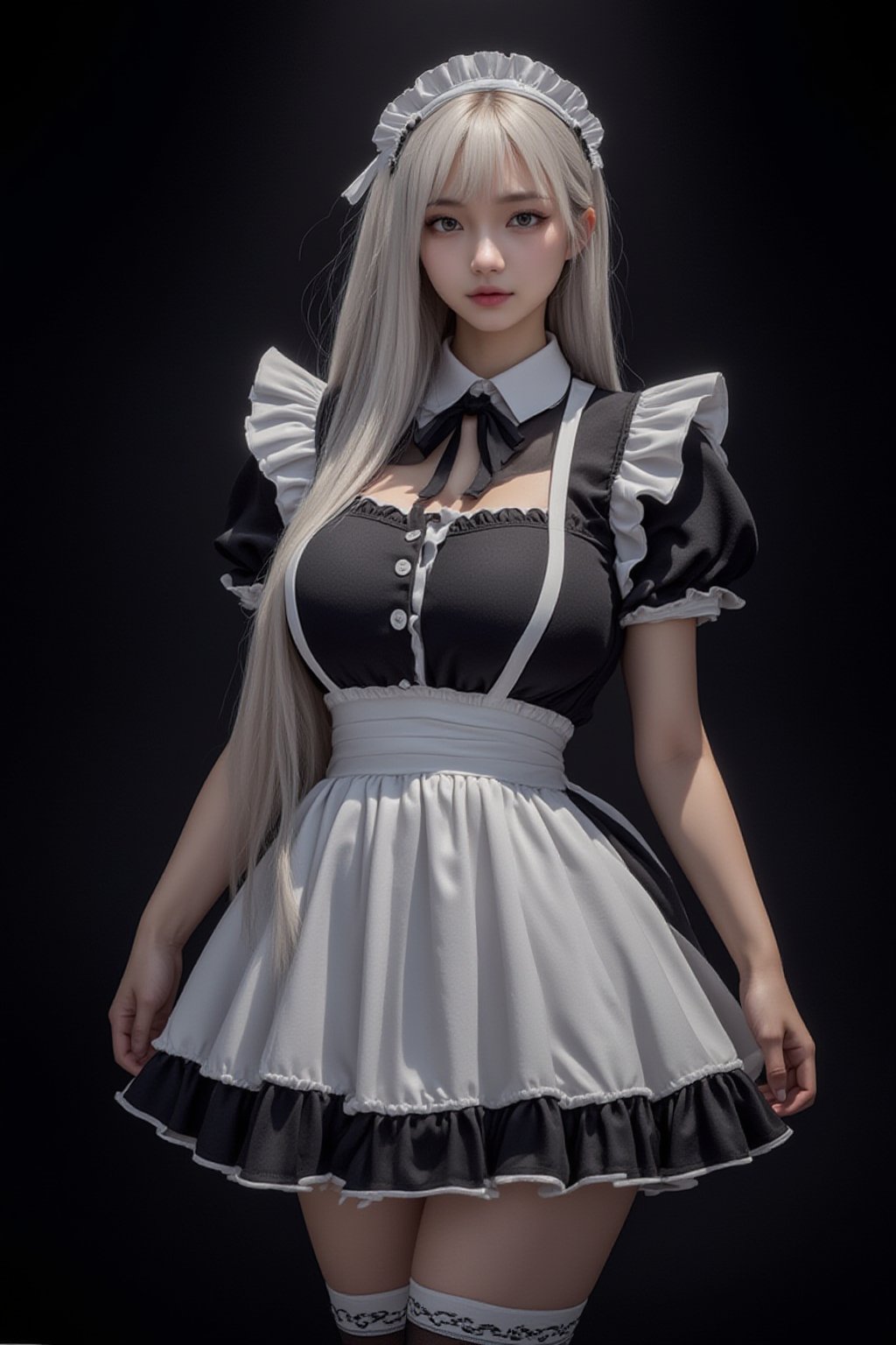 masterpiece, best quality, ultra-detailed, ultra high res, realistic lighting, 
BREAK
(three-quarter body:1.5), 1girl, solo, golden ratio, long hair, white hair, blue eyes, detailed oily skin, looking at viewer, (maid, black and white maid uniform, black stockings, white maid headband), 
Japanese girl, beautiful android, balanced and symmetrical face, 
(black background:1.2), FuturEvoLab, FuturEvoLabgirl, Maid uniform, 