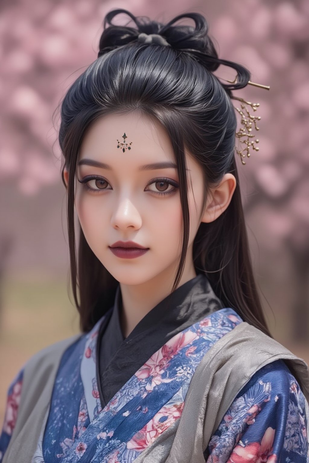 A serene Japanese maiden stands alone against a blurry backdrop of blooming cherry blossom trees. She gazes directly at the viewer with a gentle smile, her parted bangs framing her heart-shaped face. Her black hair cascades down her back, adorned with intricate hair ornaments and hair rings. Red eyes sparkle beneath luscious eyelashes, and her lips curve upward in a subtle grin. A floral print kimono drapes across her upper body, its vibrant colors muted by the soft focus of the background. Delicate earrings and a tassel dangle from her ears as she wears a bow-adorned hairstyle. The camera's shallow depth of field blurs everything except for our subject, emphasizing her captivating presence.,Spider spirit Fourth sister