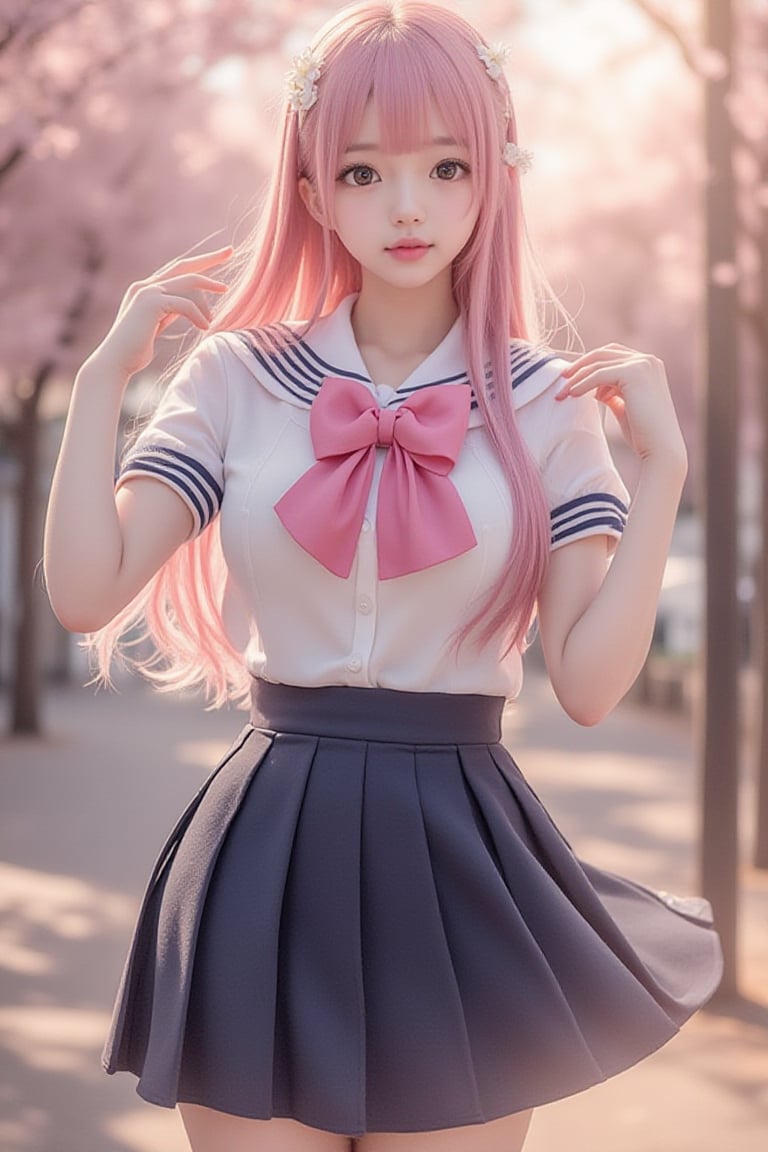 masterpiece, best quality, ultra-detailed, ultra high res, photorealistic, realistic, realistic lighting, RAW photo, 
BREAK
(three-quarter body:1.5), 1girl, solo, beautiful big eyes, long hair, princess cut, (pink hair:1.3), (JK Uniform, Serafuku, school uniform, miniskirt, pleated skirt, sailor collar, bowtie, pink bow, white shirt collar, Thigh Highs), sakura pattern, sakura hair accessories, cherry blossoms, depth of field, soft bokeh, out of focus foreground and background, soft lighting bathes the body and face, JK Uniform