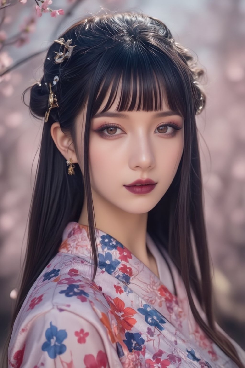 A serene Japanese maiden stands alone against a blurry backdrop of blooming cherry blossom trees. She gazes directly at the viewer with a gentle smile, her parted bangs framing her heart-shaped face. Her black hair cascades down her back, adorned with intricate hair ornaments and hair rings. Red eyes sparkle beneath luscious eyelashes, and her lips curve upward in a subtle grin. A floral print kimono drapes across her upper body, its vibrant colors muted by the soft focus of the background. Delicate earrings and a tassel dangle from her ears as she wears a bow-adorned hairstyle. The camera's shallow depth of field blurs everything except for our subject, emphasizing her captivating presence.,Spider spirit Fourth sister