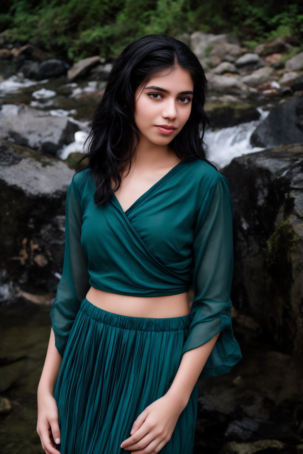 A Bollywood-inspired scene: A stunning young woman with long, black hair and striking features stands elegantly in the Nayagra Water Falls, half-body submerged in the crystal-clear waters. Her vibrant red blouse and intricately designed spike bracelets shimmer in the soft light. The camera captures her beauty from above, showcasing her flowing skirt and delicate jewelry. In the background, a lush green tree and rocky outcropping create a serene atmosphere. Blur the water to emphasize the model's porcelain skin and the lush foliage.