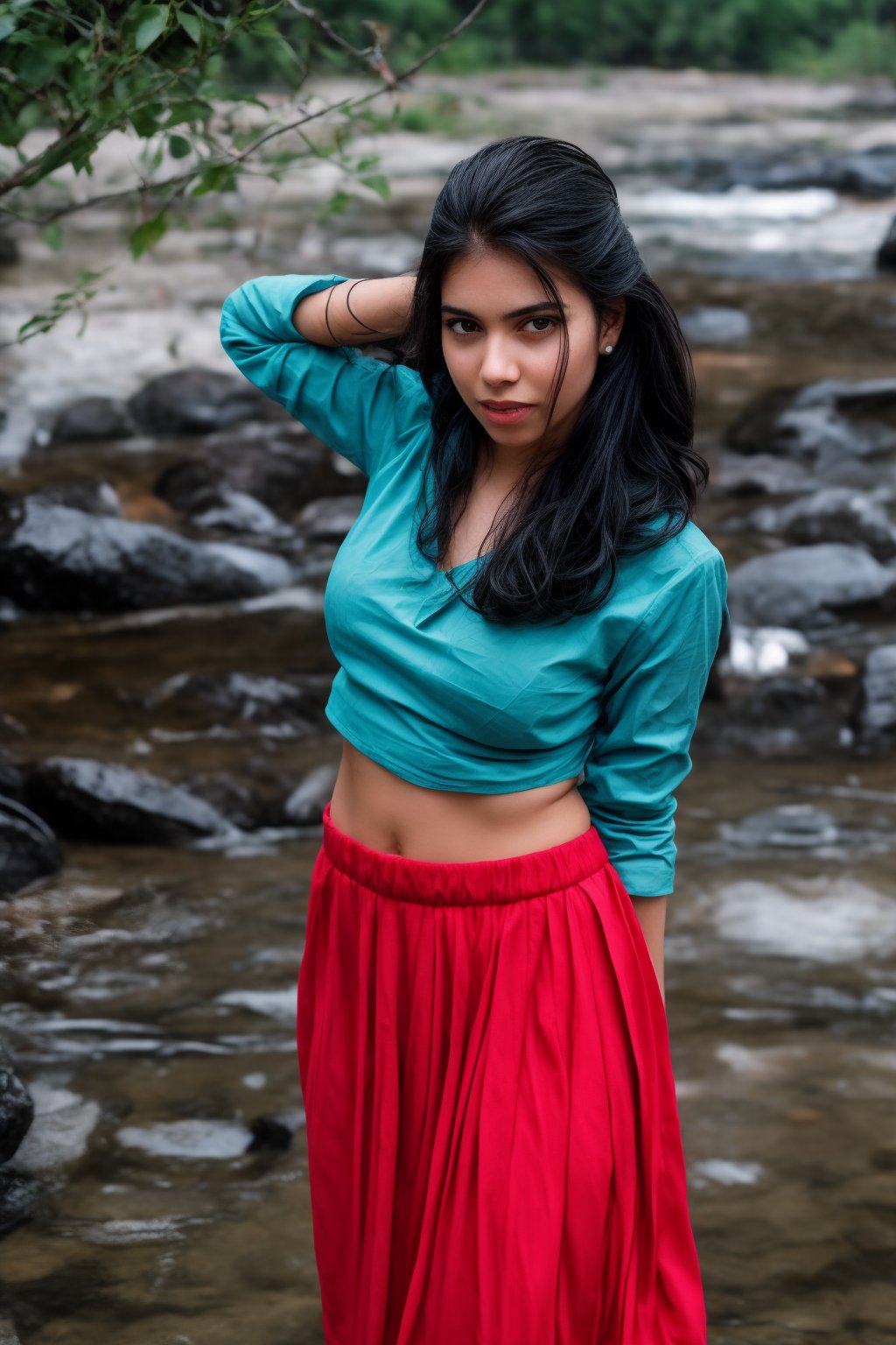 1girl, solo, long hair, skirt, shirt, black hair, jewelry, standing in river water, nayagra water fals, , shot from above, earrings, midriff, water, blurry, sexy pose, curvy, spike_bracelets, tree, blouse,  red shirt half in  water, long skirt, rock, photo background, Indian traditional dress 