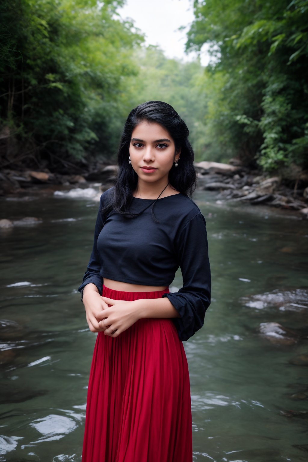 1girl, solo, long hair, skirt, shirt, black hair, jewelry, standing in river water, nayagra water fals, , shot from above, earrings, water, blurry, spike_bracelets, tree, blouse,  red shirt half in  water, long skirt, rock, photo background, Indian traditional dress 