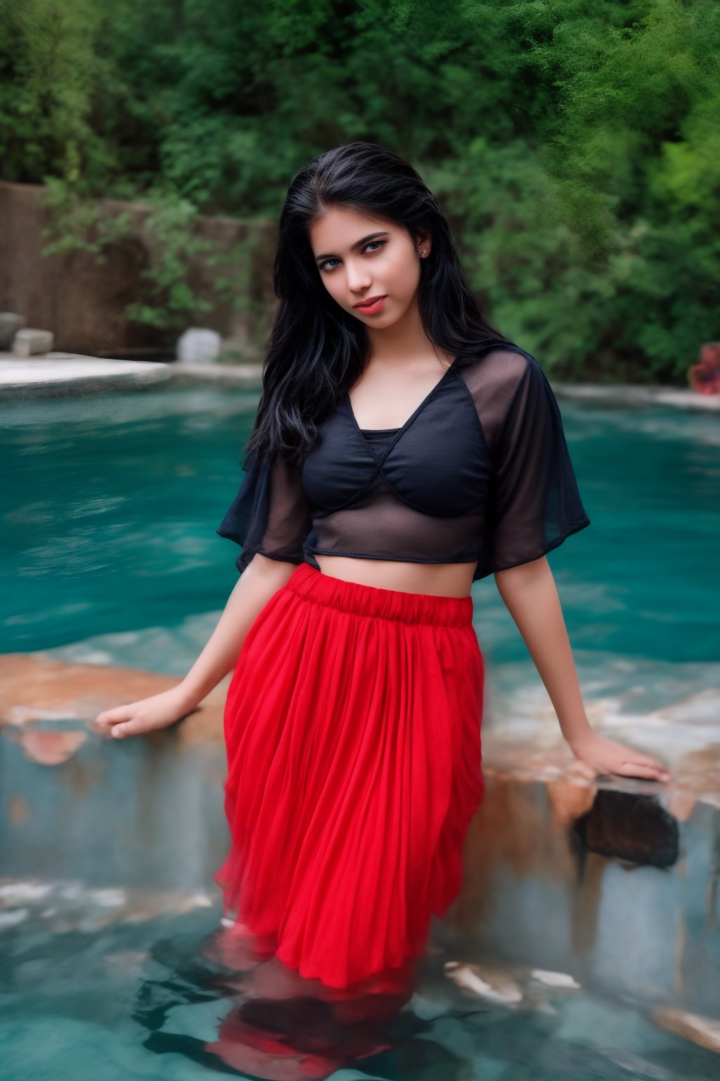 1girl, solo, long hair, skirt, shirt, black hair, jewelry, standing in pool water,, shot from above, earrings, midriff, water, blurry, sexy pose, curvy, spike_bracelets, tree, blouse,  red shirt half in  water, long skirt, rock, photo background, Indian traditional dress 