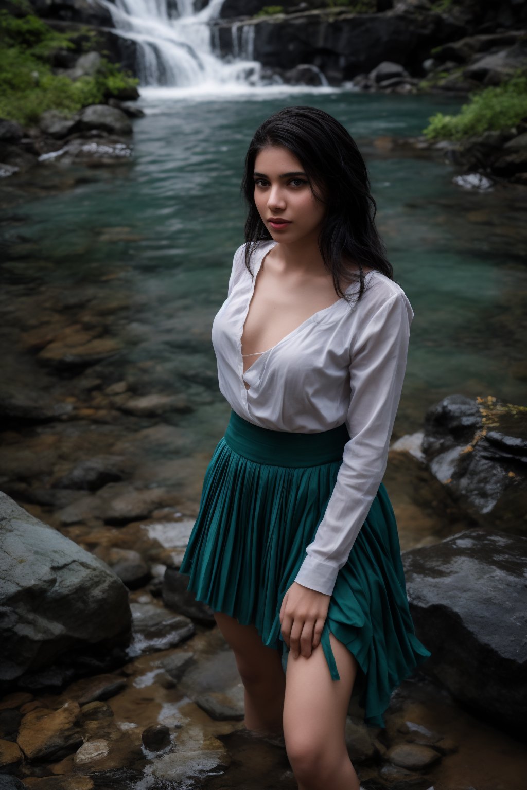 A Bollywood-inspired scene: A stunning young woman with long, black hair and striking features stands elegantly in the Nayagra Water Falls, half-body submerged in the crystal-clear waters. Her vibrant red blouse and intricately designed spike bracelets shimmer in the soft light. The camera captures her beauty from above, showcasing her flowing skirt and delicate jewelry. In the background, a lush green tree and rocky outcropping create a serene atmosphere. Blur the water to emphasize the model's porcelain skin and the lush foliage.