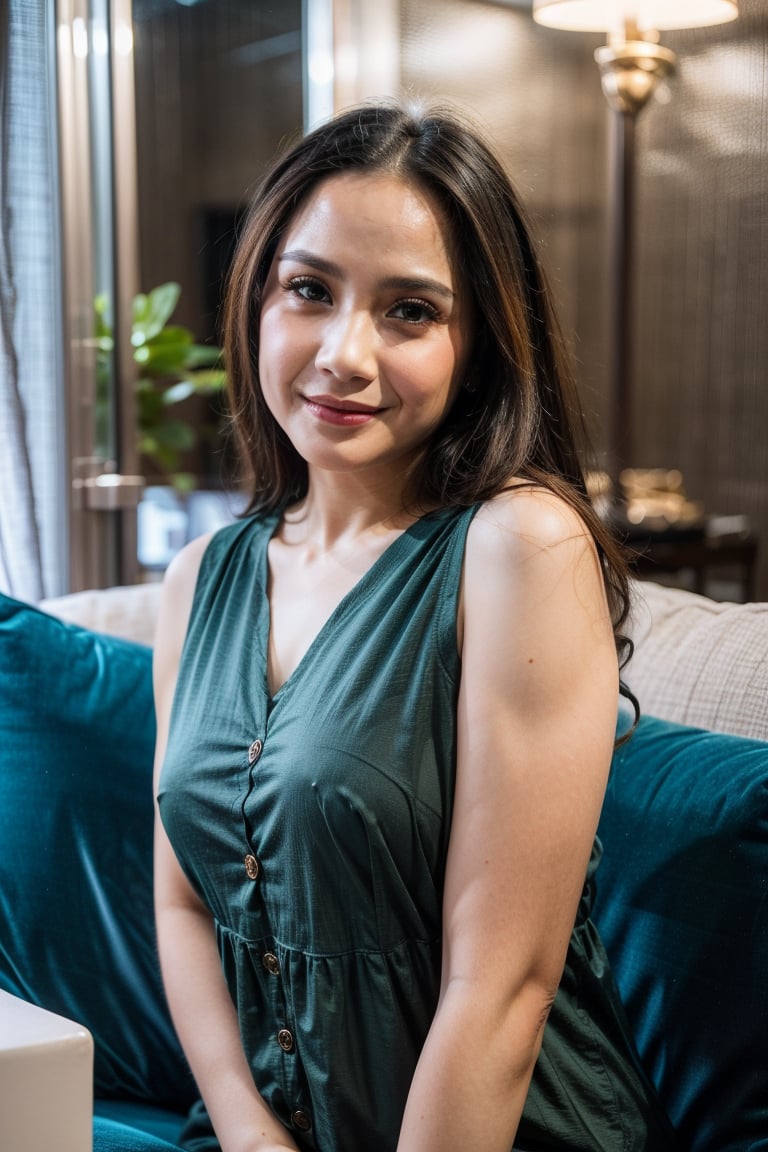 28 Years Old , Exotic Face , Detailed Body , Detailed Face , Perfect Makeup , Best Quality , Female , Look at Viewer , Pattern Slip Dress , Gorgeous , ((Long Hair)) , The Modern Futuristic Living Room Background , ((Centre:1.1)) , Sleeveless , Broken Heart Face Expression , Perfect Lighting , ((Perfect Potrait)) , (Bokeh), smile