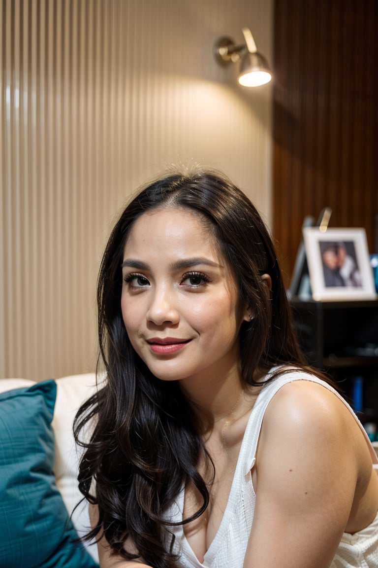 28 Years Old , Exotic Face , Detailed Body , Detailed Face , Perfect Makeup , Best Quality , Female , Look at Viewer , white Dress , Gorgeous , ((Long Hair)) , The Modern Futuristic Living Room Background , ((Centre:1.1)) , Sleeveless , Broken Heart Face Expression , Perfect Lighting , ((Perfect Potrait)) , (Bokeh), smile