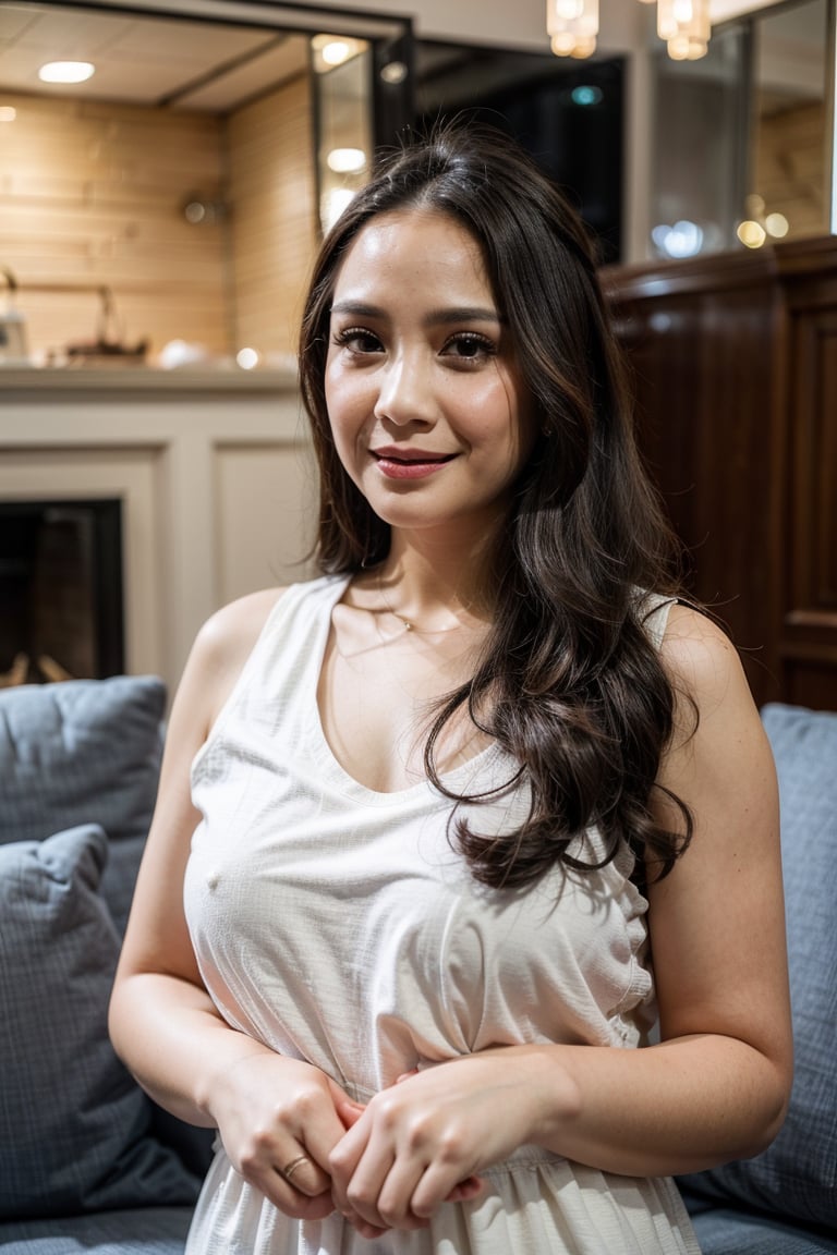 28 Years Old , Exotic Face , Detailed Body , Detailed Face , Perfect Makeup , Best Quality , Female , Look at Viewer , White Dress , Gorgeous , ((Long Hair)) , The Modern Futuristic Living Room Background , ((Centre:1.1)) , Sleeveless , Broken Heart Face Expression , Perfect Lighting , ((Perfect Potrait)) , (Bokeh), smile