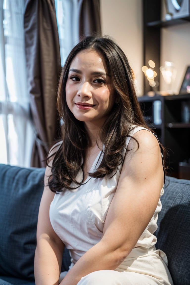 28 Years Old , Exotic Face , Detailed Body , Detailed Face , Perfect Makeup , Best Quality , Female , Look at Viewer , White Dress , Gorgeous , ((Long Hair)) , The Modern Futuristic Living Room Background , ((Centre:1.1)) , Sleeveless , Broken Heart Face Expression , Perfect Lighting , ((Perfect Potrait)) , (Bokeh), smile