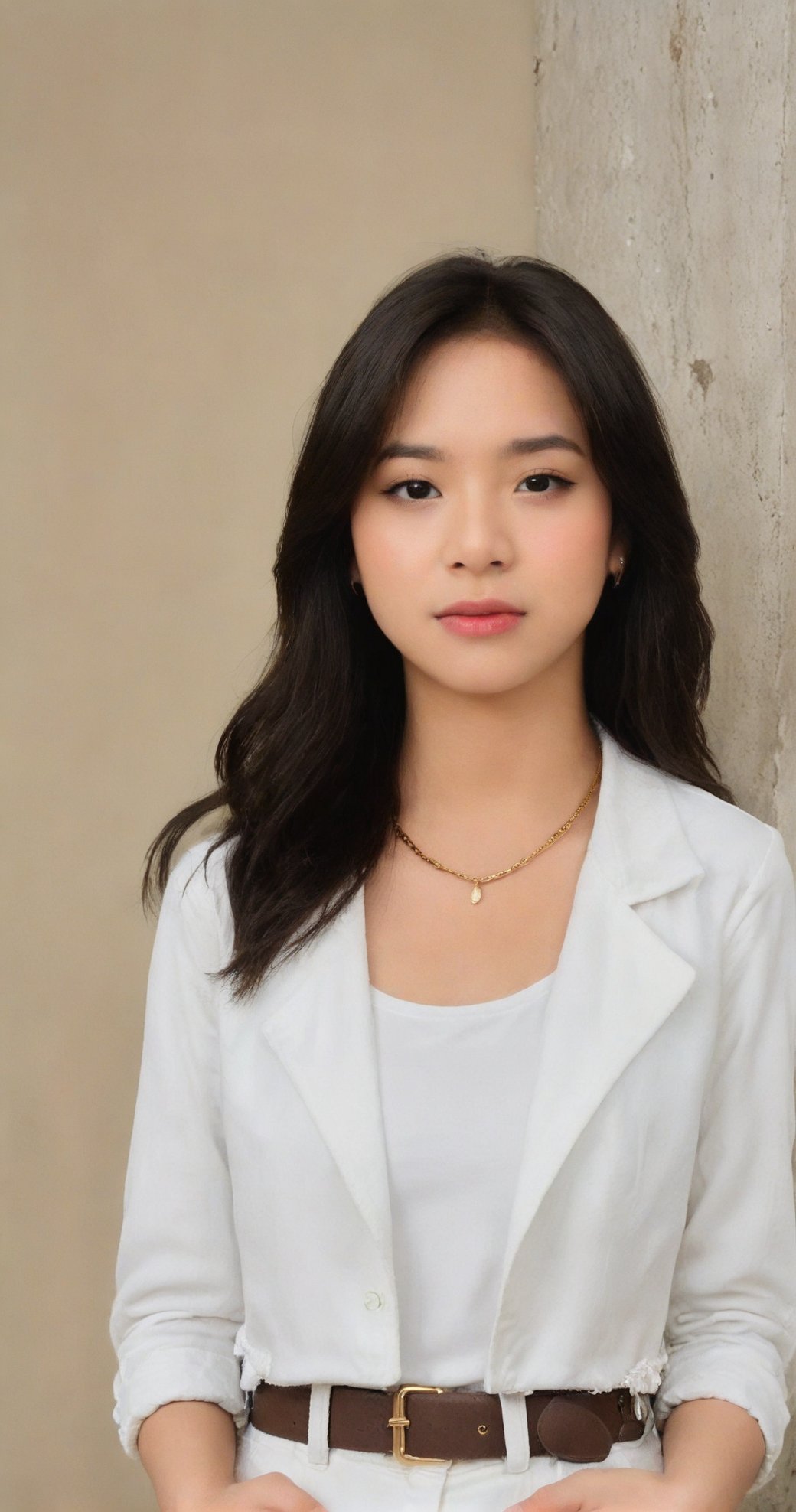 An image of a young woman with shoulder-length wavy brown hair and a relaxed, confident pose. She should have well-defined eyebrows, natural makeup, and soft brown eyes. Her attire includes a white denim jacket with rolled-up sleeves over a black crop top and distressed white skinny jeans. She accessorizes with a delicate gold necklace and a thin bracelet. The setting is informal, with a warm, neutral background.,zee