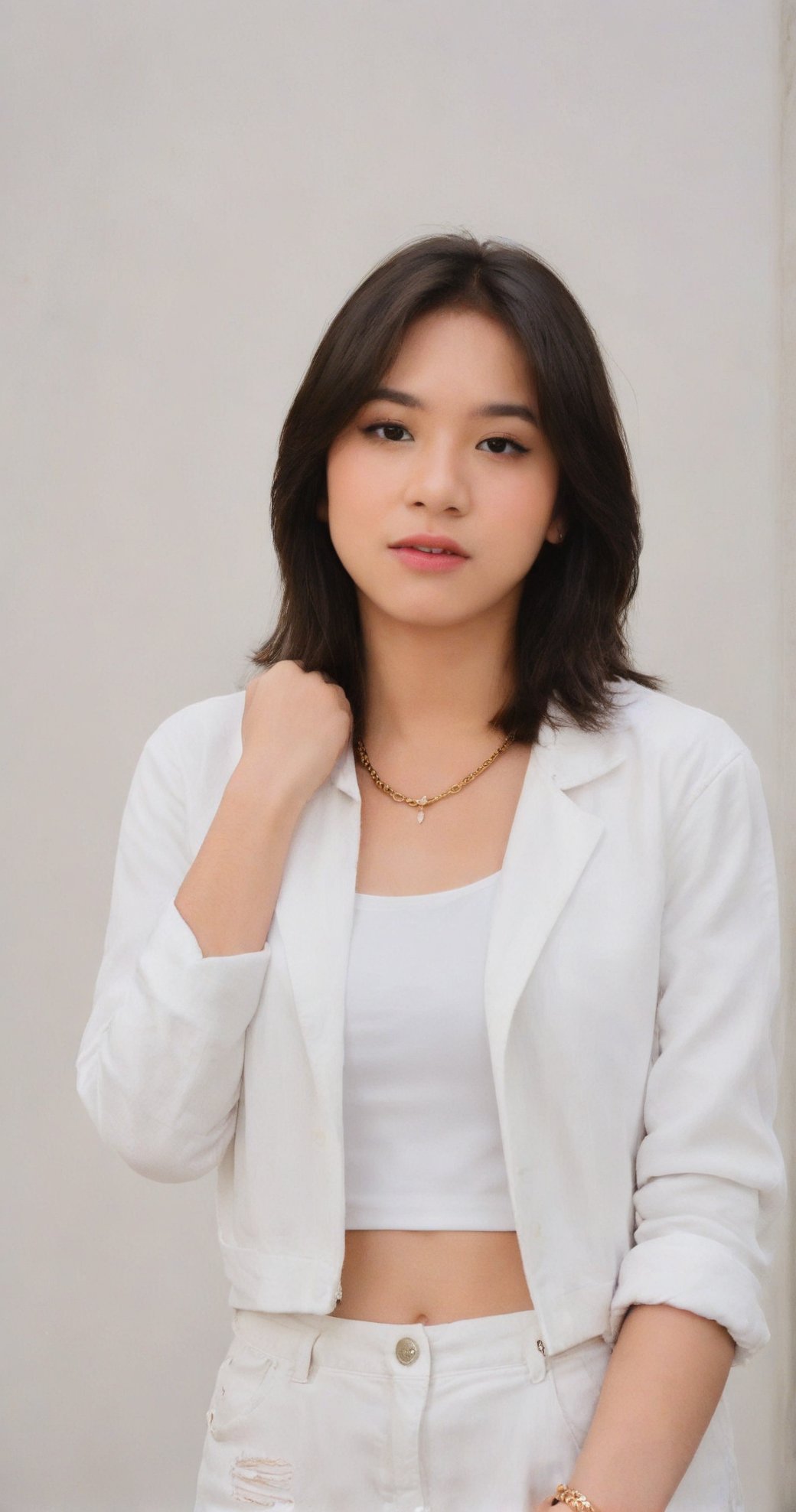 An image of a young woman with shoulder-length wavy brown hair and a relaxed, confident pose. She should have well-defined eyebrows, natural makeup, and soft brown eyes. Her attire includes a white denim jacket with rolled-up sleeves over a black crop top and distressed white skinny jeans. She accessorizes with a delicate gold necklace and a thin bracelet. The setting is informal, with a warm, neutral background.,zee