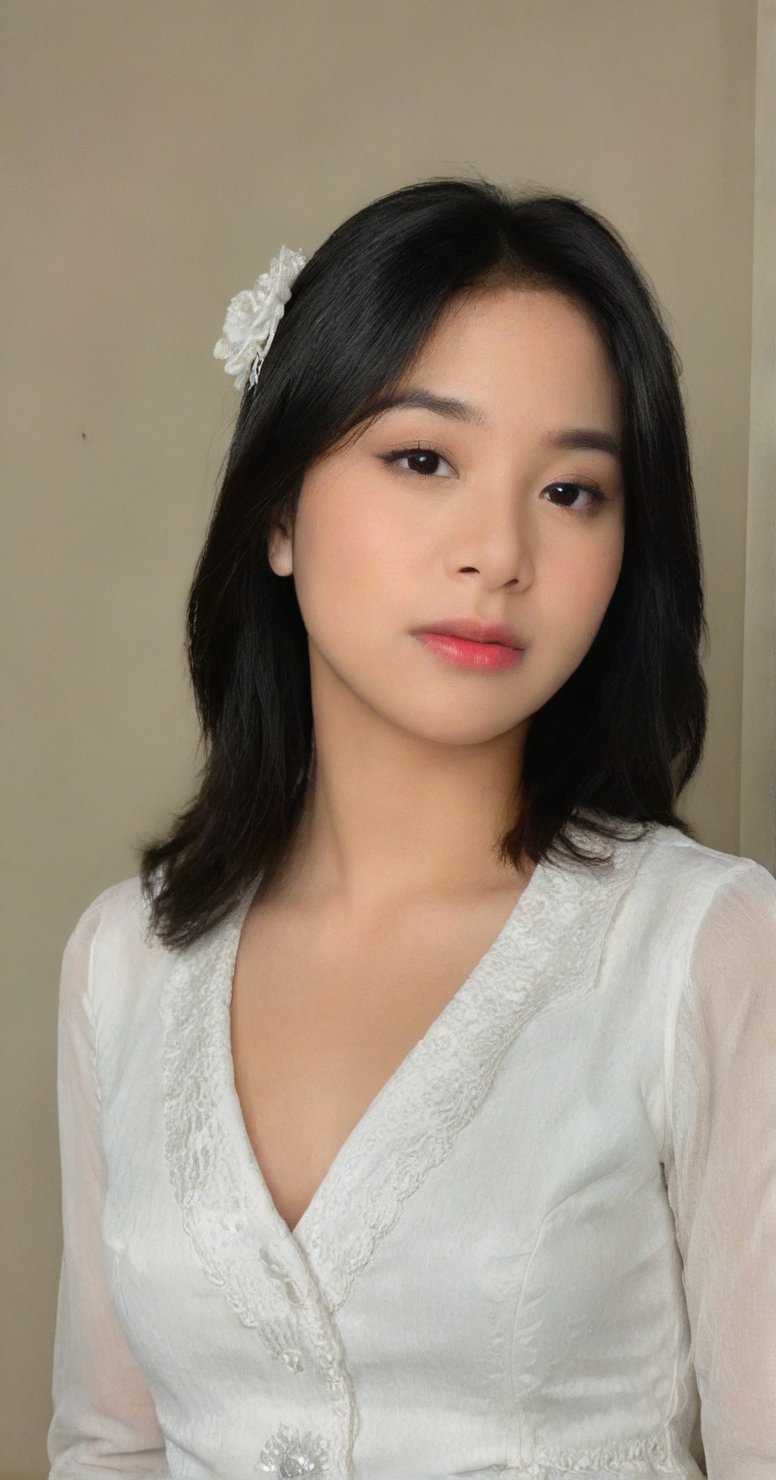 (Full HD image quality) Image of a woman standing confidently with her body tilted to the right, giving a three-quarter view of the camera. His gaze is directed to the left, away from the viewer, with a contemplative expression. She has medium length wavy black hair, parted to the side. She wore a white, lacy kebaya and a white skirt. Her right hand casually holds a bouquet of flowers. the face is clearly visible and becomes the center of attention,zee