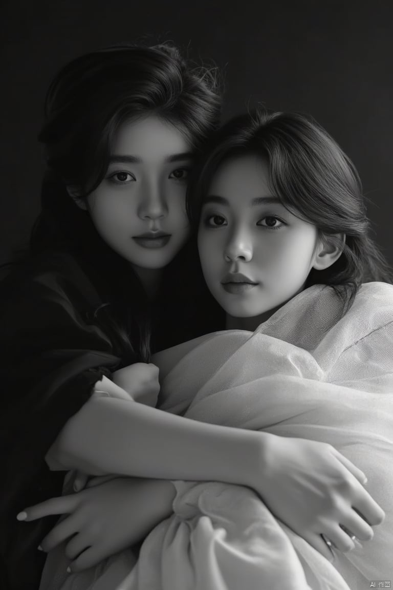 Masterpiece: Embracing Elegance

In this exquisite, high-resolution 8K double-portrait, two girls entwined in a tender embrace are shrouded in translucent tulle. The black and white contrast creates a striking visual akin to classic film noir, with cinematic blacks and crisp whites evoking power. The girls' faces softly enmeshed, their eyes (exquisite detailed), eyebrows (delicately sculpted), and lips (finely detailed) convey deep connection and emotions of comfort and solace. Tulle drapes with softness and worldly depth, highlighting the figures amidst stark yet harmonious play of light and shadow.