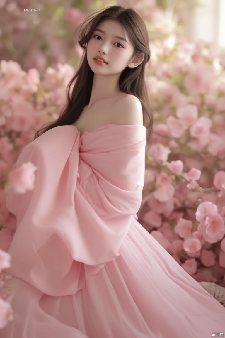  Cinematic floral portrait of a girl in a flowing pink dress, shrouded by a backdrop of vibrant fresh flowers, evoking the feeling of a romantic movie poster or glossy magazine spread, (best quality, ultra-detailed, 4k, highres, masterpiece:1.2), ethereal fabric of the dress gently flowing with graceful curves, (realistic, photorealistic:1.37), blossoming Petals surrounding her in a field of diverse floral hues contrasting with the soft pink of her gown, delicate shading and highlights on (beautiful detailed eyes, exquisite nose, soft detailed cheeks) to bring out the subject’s natural beauty, (gentle smile, serene expression) capturing the essence of peace and bloom, soft morning sunlight painting through the petals creating a warm dappled glow around the girl, an atmosphere reminiscent of timeless classic artwork with a modern editorial twist, (Fresh flowers, nature-inspired film still), engaging viewer's emotions with the visual narrative, rich depth and color saturation for a professional and vivid look, color accents from the flowers to complement the primary pink theme adding depth to the composition.