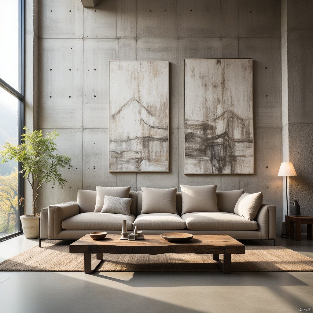 A modern living room with a cozy sofa and a low coffee table,abstract art paintings hanging on the wall,minimalist decor in whites and greys,natural light pouring through floor-to-ceiling windows,high-quality picture of a contemporary interior design,sharp focus,detailed textures.,fangzi