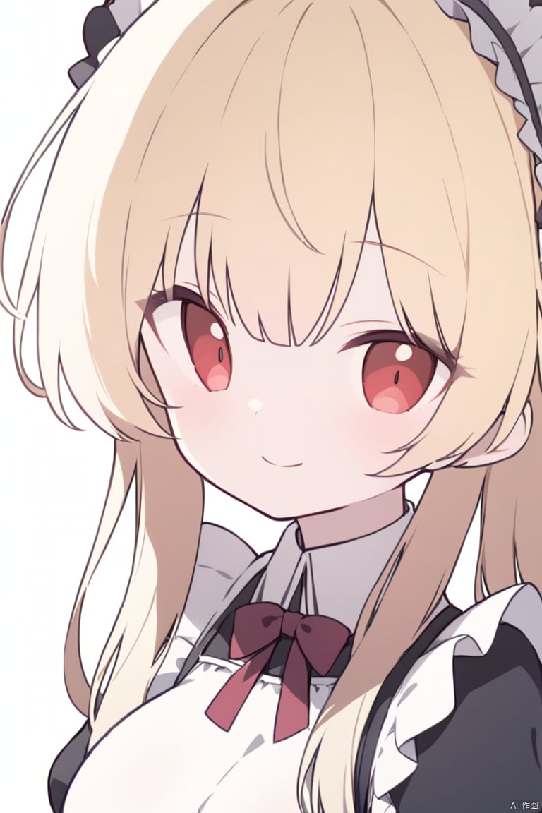 chibi,(Loli) , big breasts , red eyes , expressionless , blonde hair , white_background , victorian maid dress , upper_body , close-up , long hair , (looking at viewer:1.2) , smile