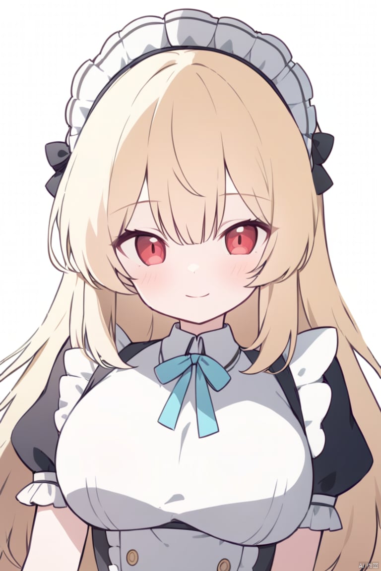 chibi,(Loli) , big breasts , red eyes , expressionless , blonde hair , white_background , victorian maid dress , upper_body , close-up , long hair , (looking at viewer:1.2) , smile