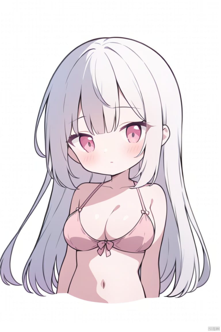  chibi,Long hair,  straight hair,  (white hair:1.3),  pink eyes,  chibi,  1girl,  bangs,  bare_shoulders,  blush,  bra,  breasts,  cleavage,  collarbone,  large_breasts,  navel,  pink_bra,  pink_panties,  short_hair,  simple_background,  solo,  underwear,  upper_body,  white_background, 