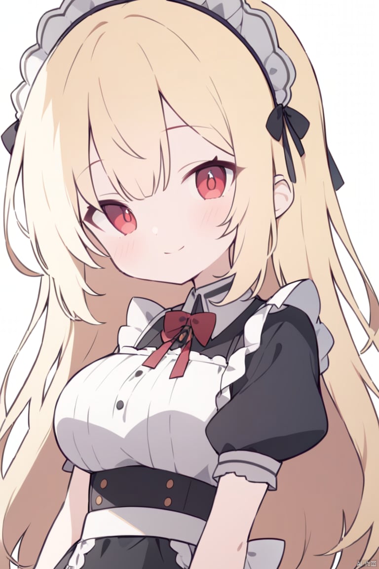 chibi,(Loli) , big breasts , red eyes , expressionless , blonde hair , white_background , victorian maid dress , upper_body , close-up , long hair , (looking at viewer:1.2) , smile