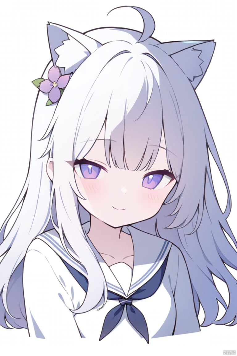 chibi,cleavage, (cat ears), half-closed eyes , school uniform, 1girl, solo, looking at viewer, flower, long hair, bangs, closed mouth, simple background, white background, upper body, white hair, hair intakes, purple eyes, expressionless, eyelashes, best quality, smile, White cat ears