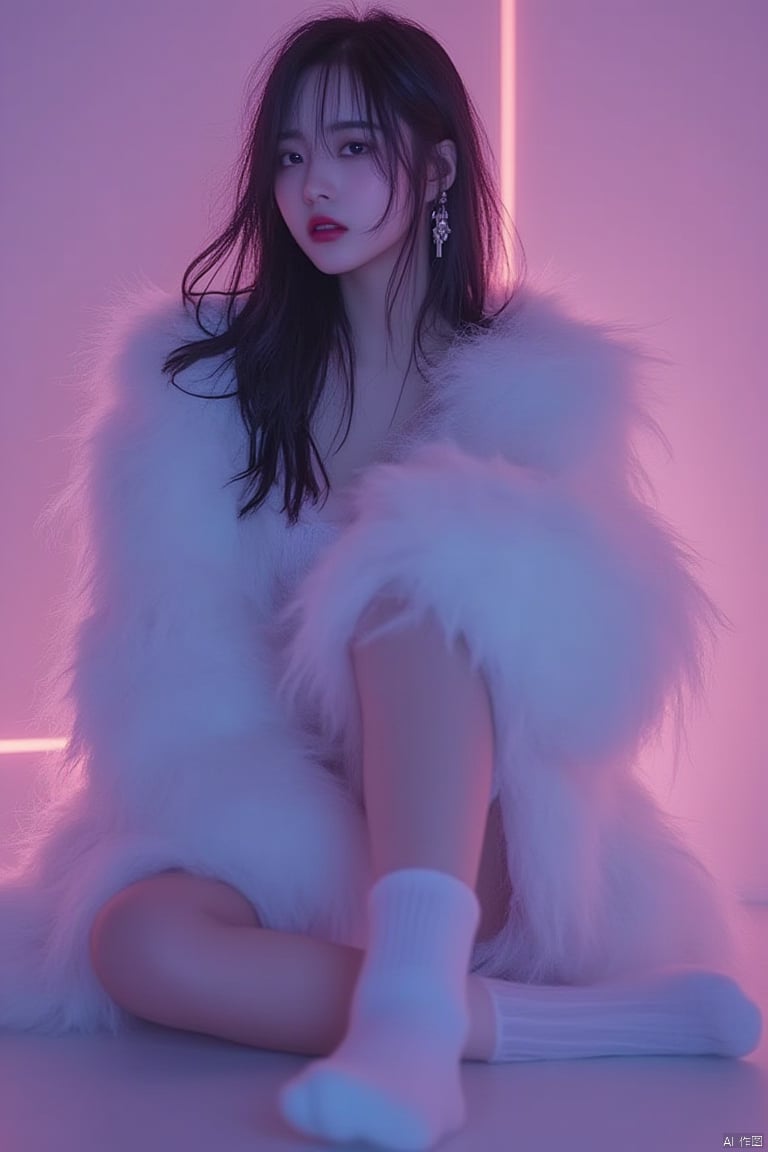 Captured from a low-angle perspective
a medium-sized model of a young woman is seated on the floor
her hair cascading down to her shoulders. She is wearing a white fur coat
adorned with white socks and earrings.neon lighting,
