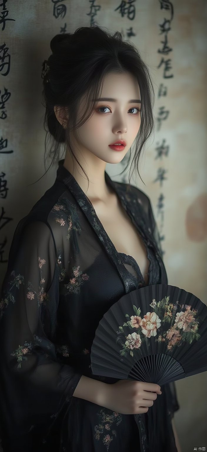 1girl, with a black kimono adorned with flowers. Her hair is pulled back in a bun
cascading down her shoulders
framing her face. She is adorned with a bold red lip
adding a pop of color to her outfit. Her eyes are a piercing blue
her eyebrows are a darker shade of brown
and her lips are a lighter shade of red. She's holding a black hand fan
with a floral pattern on it
adding depth to the scene. The background is blurred
The background is a wall with Chinese characters written on it
creating a stark contrast to the woman's outfit.sexy
