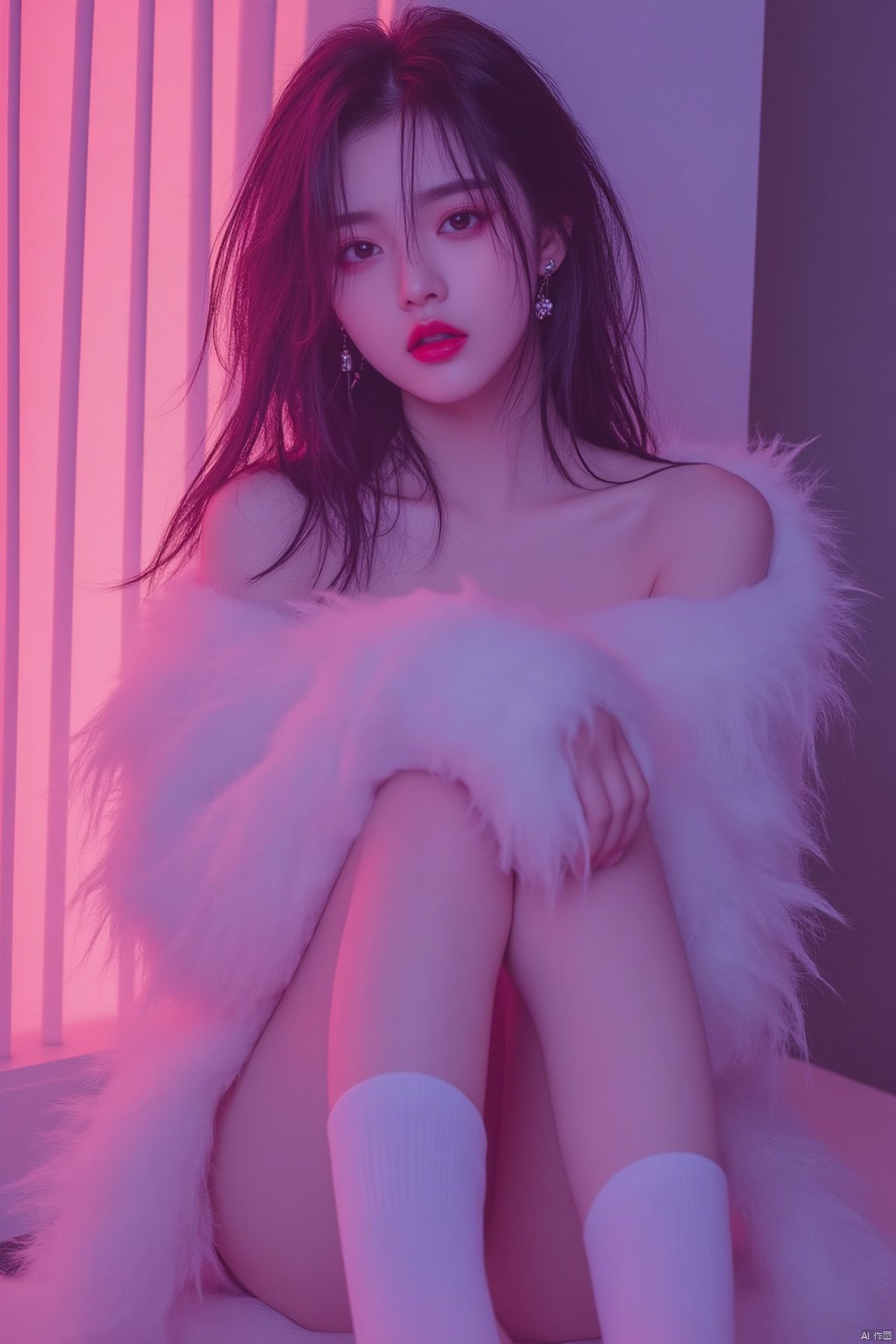 Captured from a low-angle perspective
a medium-sized model of a young woman is seated on the floor
her hair cascading down to her shoulders. She is wearing a white fur coat
adorned with white socks and earrings.neon lighting,
