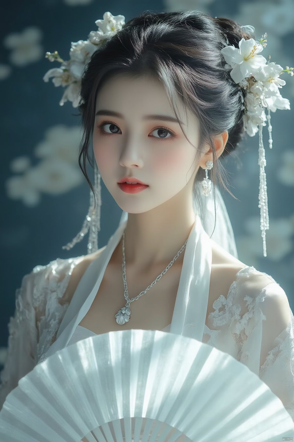 A close-up shot of a Asian woman in a white chinese clothes with a silver necklace and earrings.She is holding a white fan. The woman's hair is adorned with white flowers adding a touch of beauty to the scene. The background is blurred creating a soft focus on the woman's face.neon lighting,