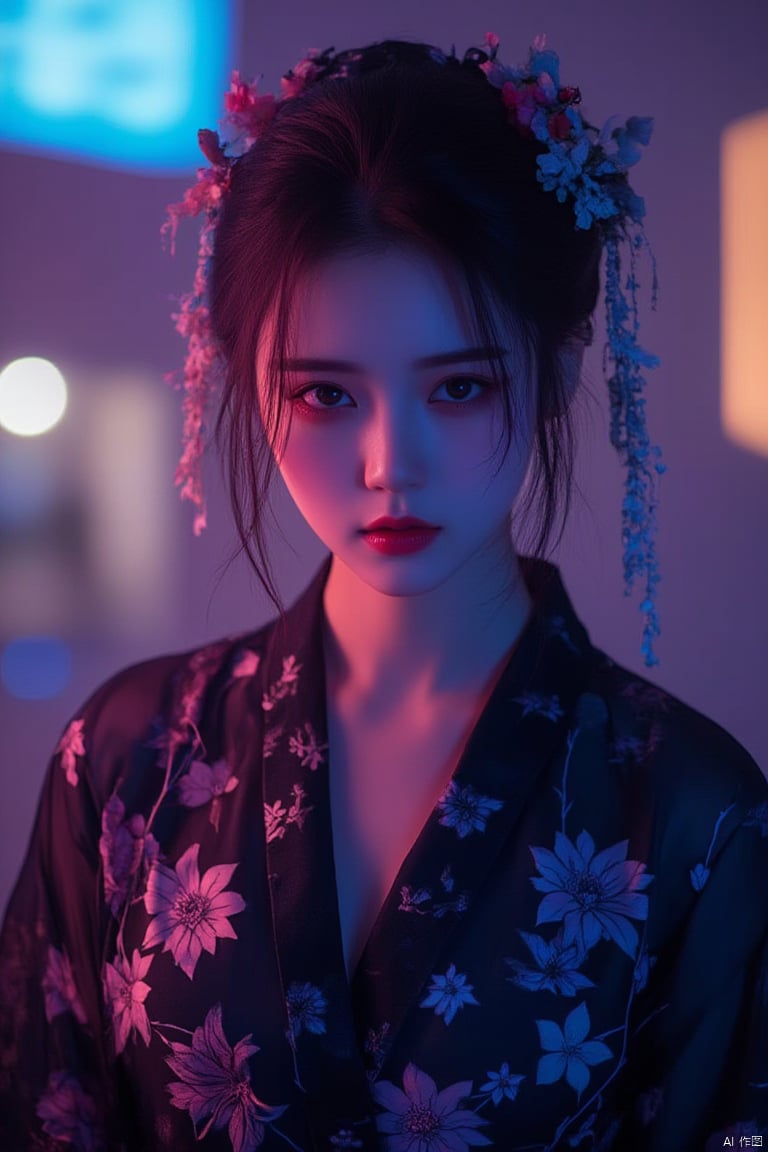 1girl,with a black kimono adorned with flowers.,Trendy K Style, neon lighting, highly detailed, ultra-high resolutions, 32K UHD, best quality, masterpiece