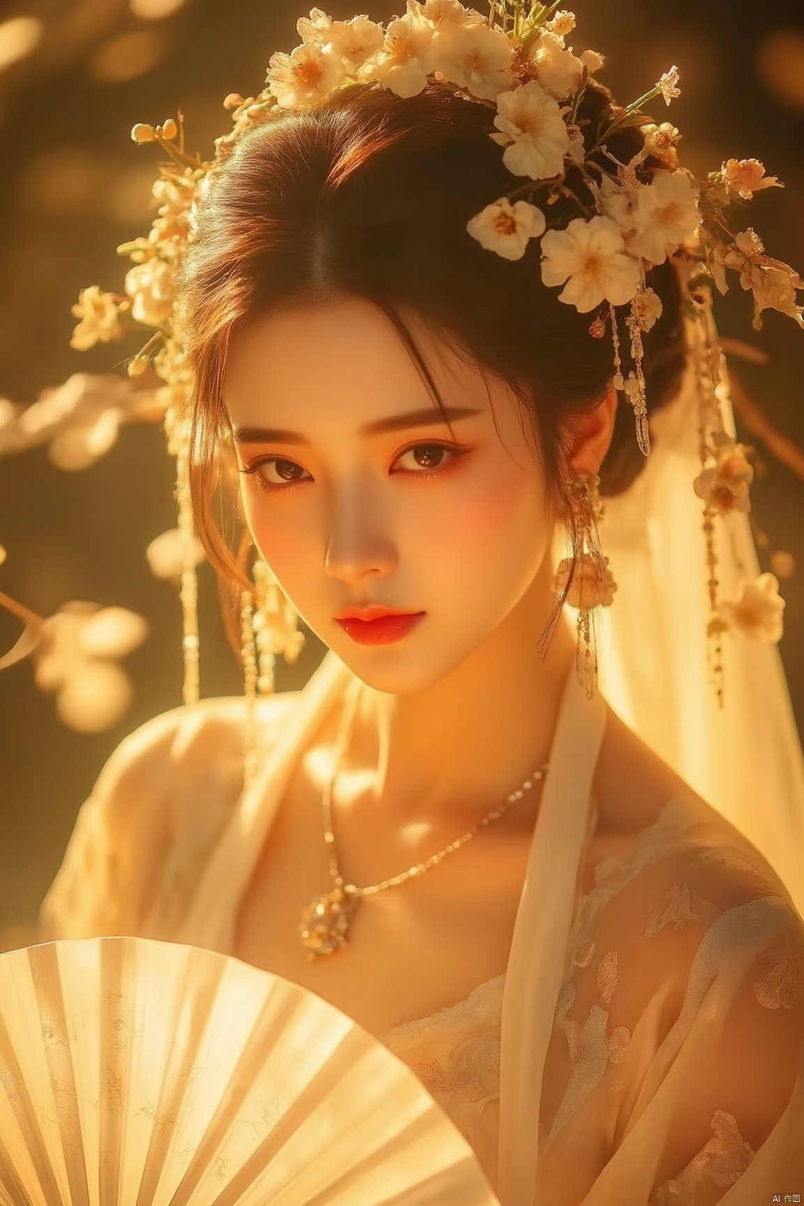 A close-up shot of a Asian woman in a white chinese clothes with a silver necklace and earrings.She is holding a white fan. The woman's hair is adorned with white flowers adding a touch of beauty to the scene. The background is blurred creating a soft focus on the woman's face.warm-toned.neon lighting,