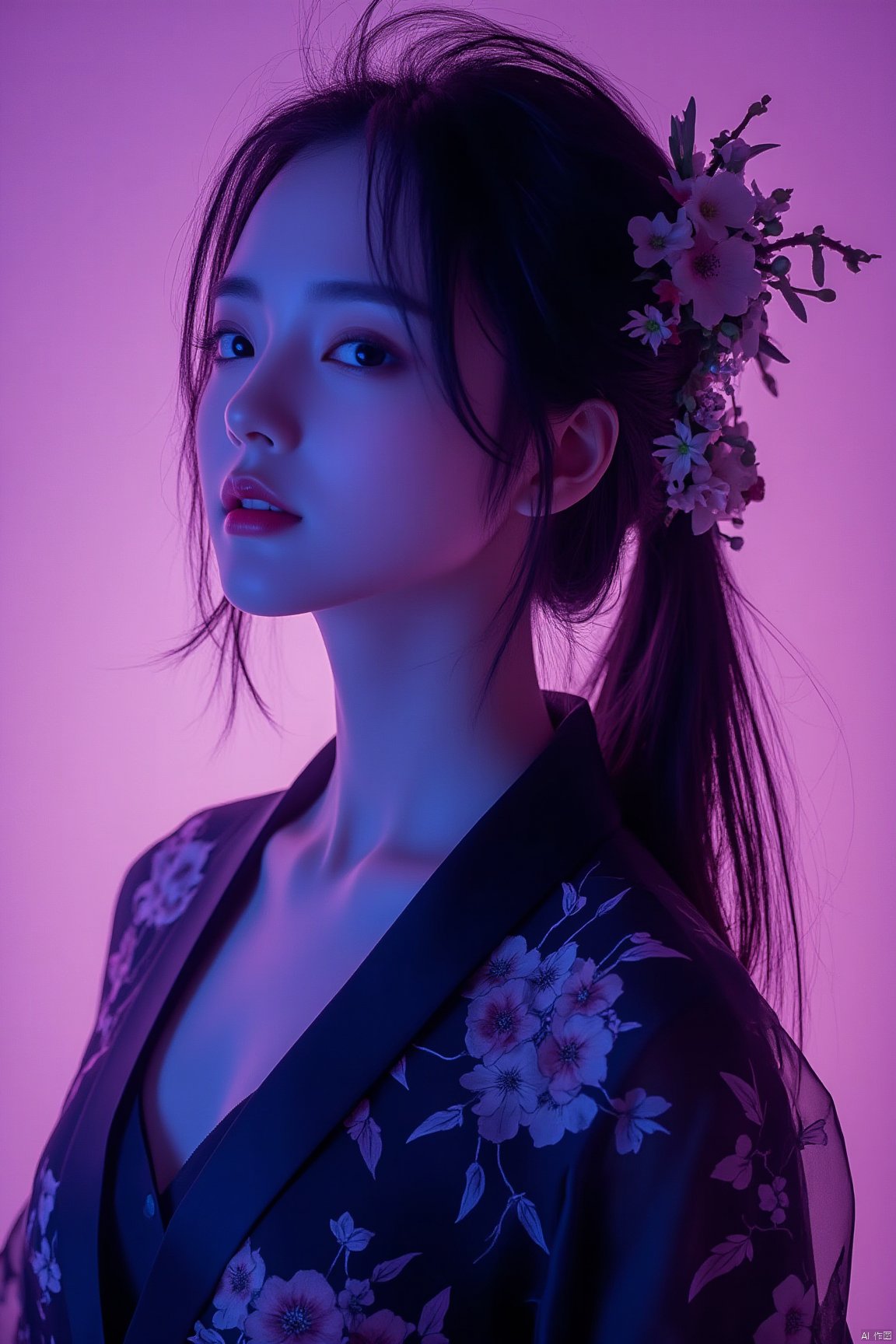 1girl,with a black kimono adorned with flowers.Trendy K Style, neon lighting, highly detailed, ultra-high resolutions, 32K UHD, best quality, masterpiece