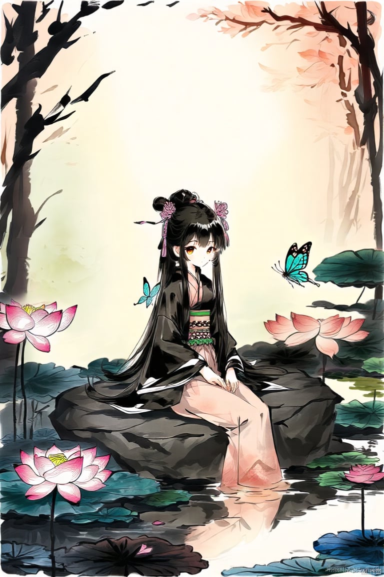 A girl, black hair, long sleeves, shut up, sitting on a rock, tree, belt, Chinese Hanfu, Bun, Dragonfly, butterfly, nature, forest, reflection, Lily, lotus, pond, traditional Chinese ink painting,